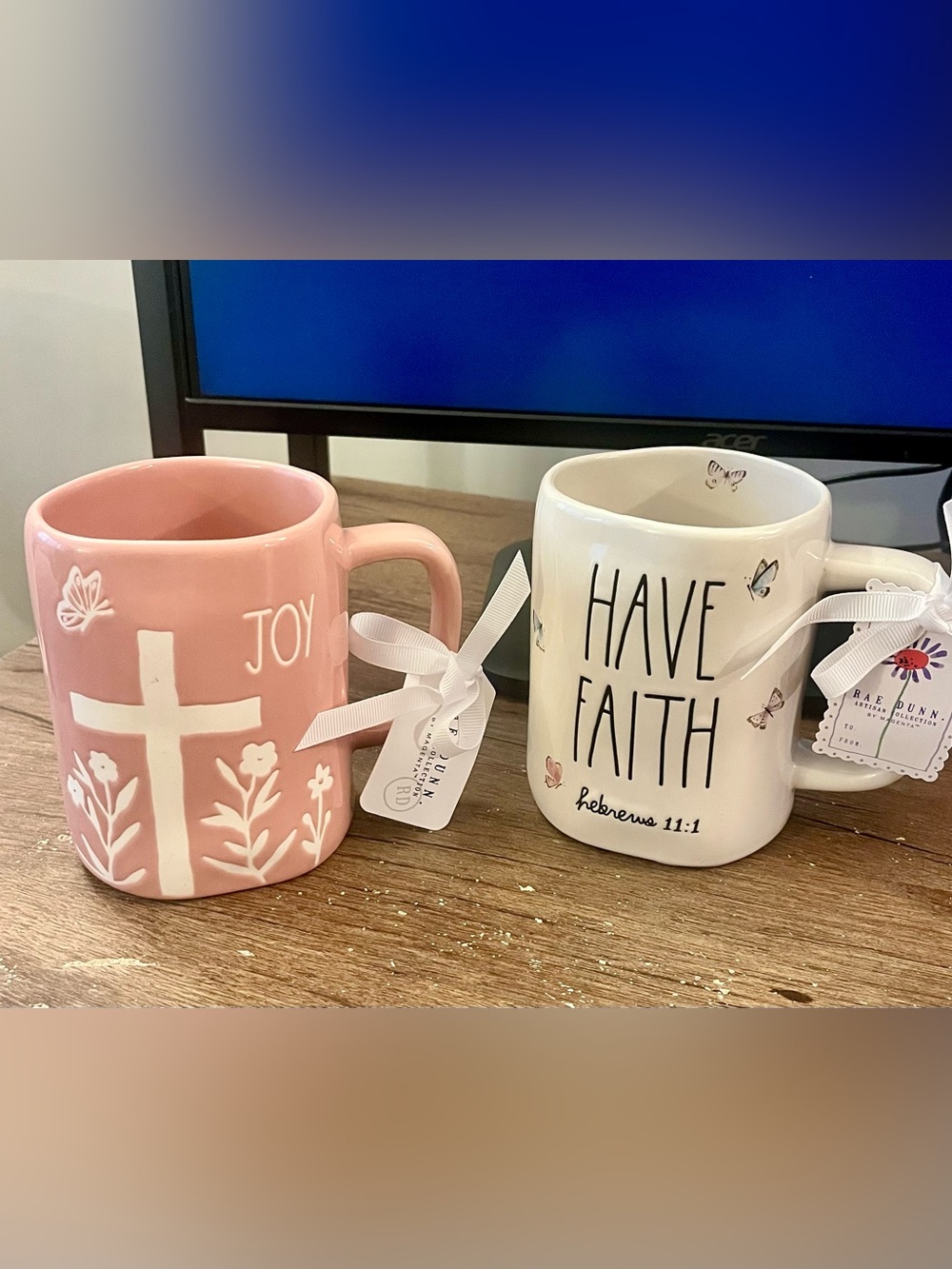 ✝️ Rae Dunn coffee mugs Christian theme-Set of 2 nwt- Joy w cross & Hebrews 11:1